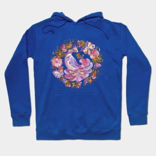 Bird with flowers and butterfly in Russian folk art style Hoodie